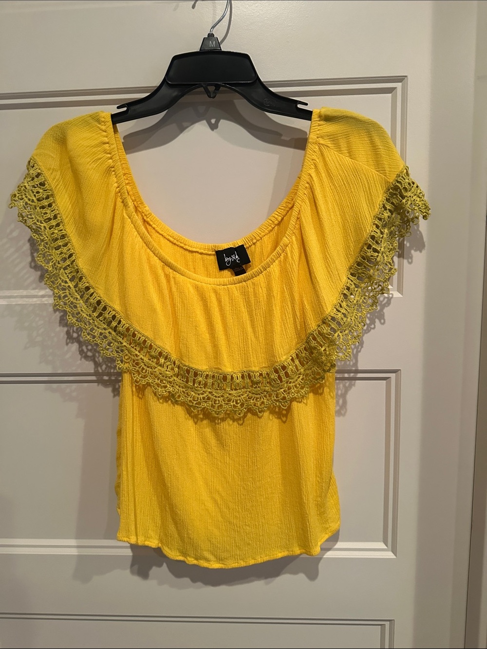 by & by Yellow Off-Shoulder Crochet Trim Blouse